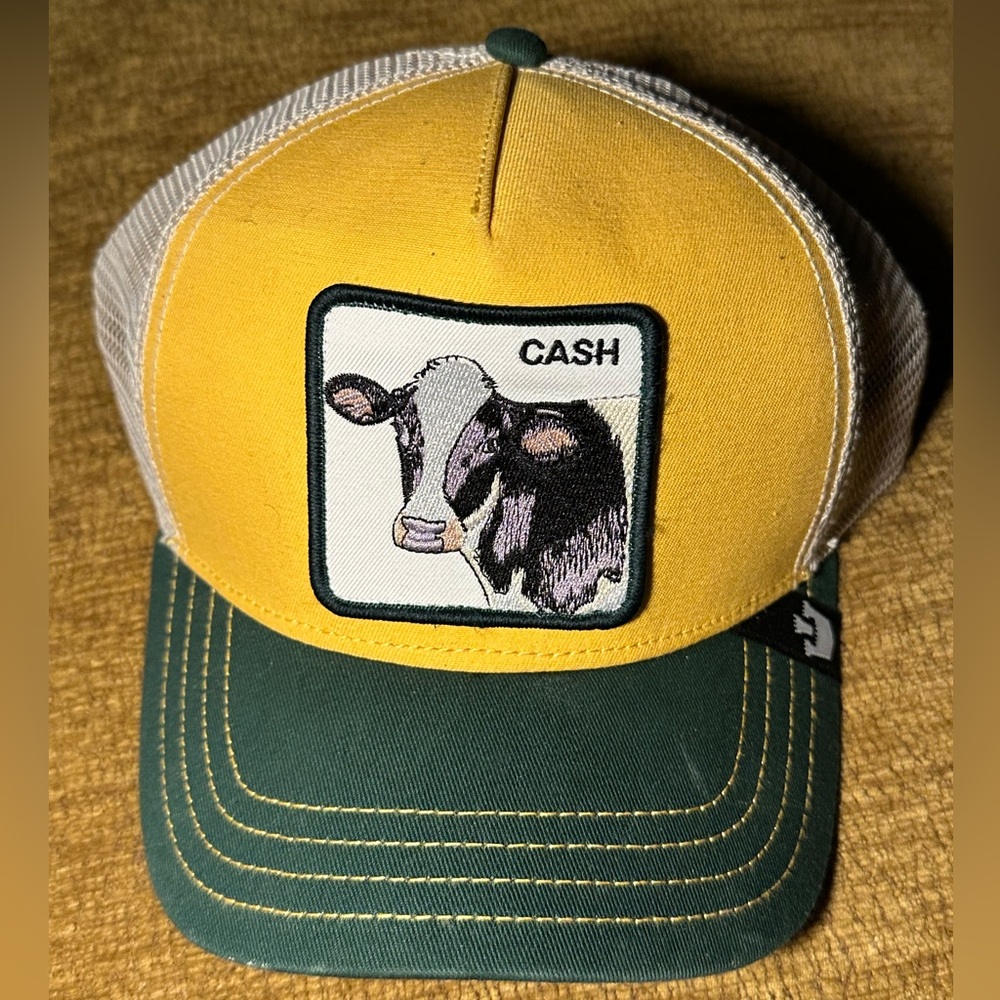 The Farm Yellow and Green Trucker Hat with Cow Patch